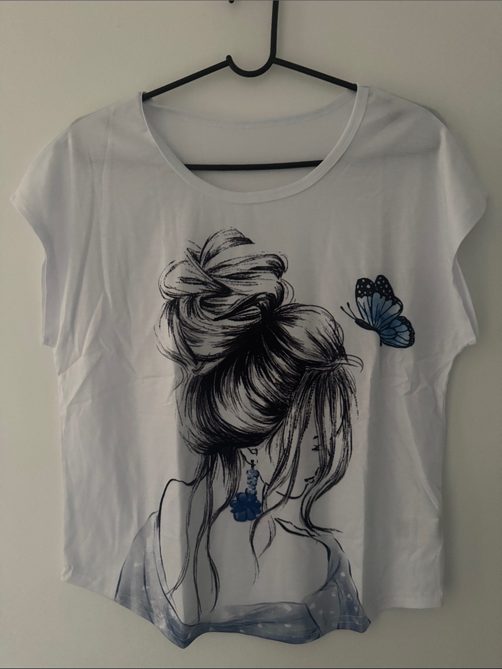 White Graphic Tee with Blue Butterfly and Sketch Print